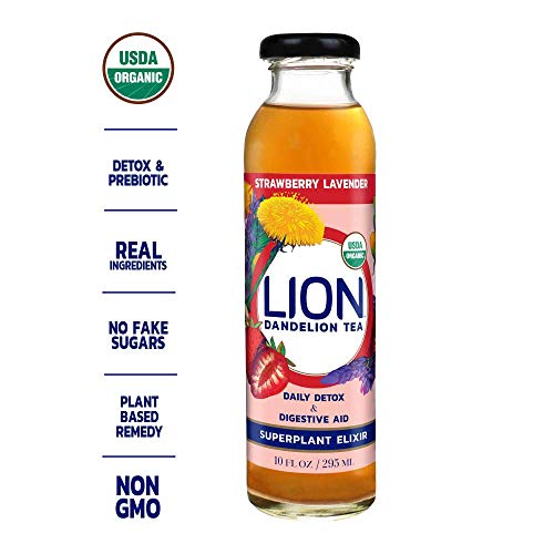 LION Organic Bottled Dandelion Tea | Immunity Booster - Prebiotic Tea Full of Antioxidants | Strawberry Lavender | 12 Pack