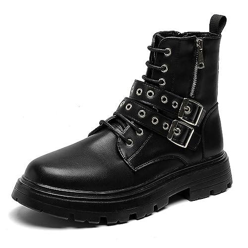 Ephirebra Men's Platform Ankle Boots Lace Up Buckle Side Zipper Non-Slip Round Toe Combat Booties Motorcycle Boots