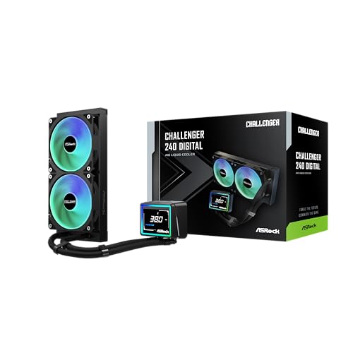 ASRock Challenger 240 Digital All-in-One Liquid Refroidisseur de processeur, radiateur 240 mm, affichage numérique intelligent de 7,6 cm, éclairage ARGB, mode 0 dB, garantie 6 ans