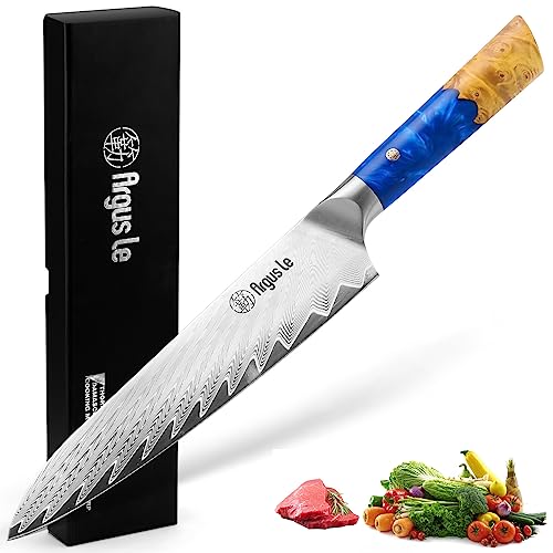 Argus Le Damascus Chef Knife 8 inch Stainless Steel Kitchen Knife Razor Sharp VG-10 Damascus Cooking Chef's Knives for Meat Vegetable and Home Restaurant with Blue Handle and Gift Box