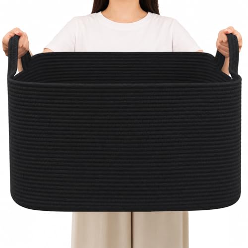HZFTJOY 65L Collapsible Woven Rope Laundry Basket with Handles,Black