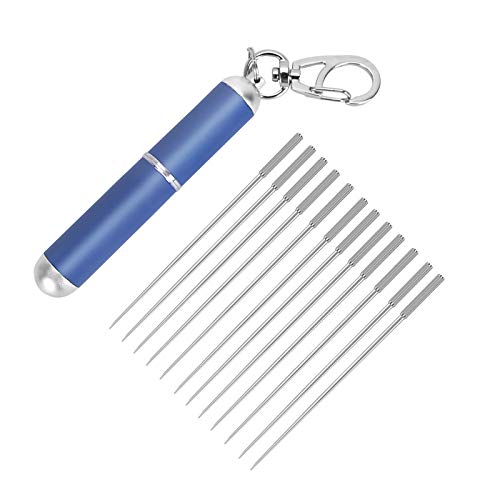 XINYUWIN12Pcs Portable Titanium Toothpick Set, Stainless Steel Metal Hard Toothpicks with Holder, Reusable Multi-Function Food Fruit Fork, Kitchen Outdoor Ultra Light Toothpick(Blue)