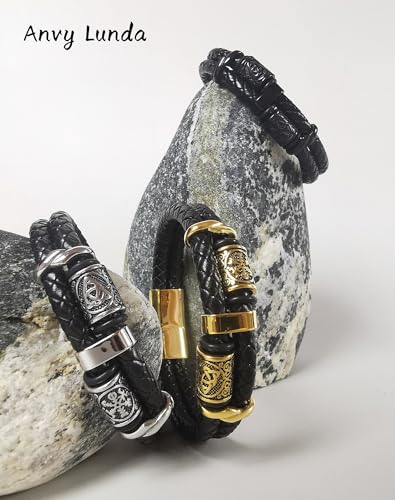 Viking Compass Celtic Knot Bracelet, Mens 14K Gold Plated Black Braided Leather Cuff, 316L Stainless Steel Jewelry for Women Friend Father Husband Son2