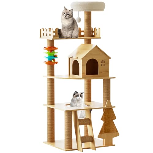 Elegaif Cat Tree, Wood Cat Tree Tower for Indoor Cats, 60.7