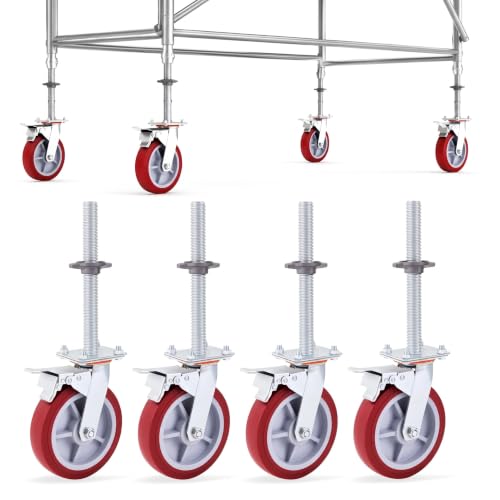 Image of 4 Pack 8 inch Adjustable Leveling Scaffolding Wheels,1-1 /5 inch OD Scaffold Screw | Heavy Duty Scaffold Leveling Jacks with Swivel Casters for Baker Scaffold, Ladder Jacks and Construction Equipment