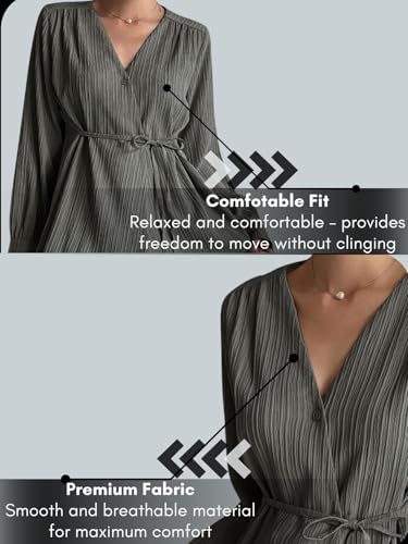 Image of Leriya Fashion Women's V-Neck Pleated Tunic Top - Long Sleeve Drawstring Waist Summer Blouse, Lightweight Casual Shirt for Office, Travel, Daily