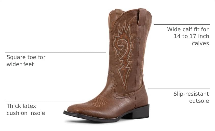 Image of SheSole Cowboy Boots for Women Wide Calf Square Toe Western Boots in Beige and Brown Embroidery Cowgirl Riding Boots
