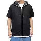 [ワン カラーズ] パーカー メンズ 大きいサイズ ジップアップ 七分袖 半袖 スラブ サマーニット 薄手 ジャガード柄 切替 ジャケット 5L ブラック半袖(01)