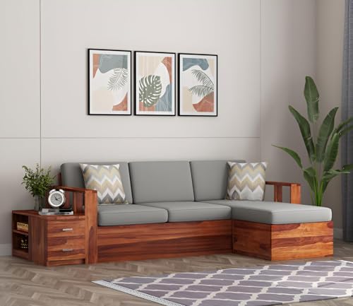 Image of Sheesham Solid Wood L-Shape Sofa for Living Room (L-Shape) (Provencial Teak)
