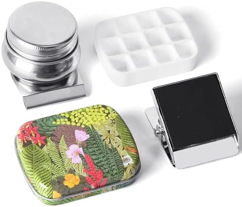 Portable Mini Tin Box,12-Well Empty Watercolor Palette,Small Paint Storage Travel Artist Outdoor Sketch Watercolor Kits with Magnetic Clip and Oil Pot .Selva