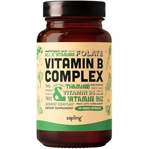 sapling Vegan Vitamin B Complex - Whole Food Blend with Essential B Vitamins B1, B2, B3, B5, B6, B7, Folate, B12-60 Caps Cover