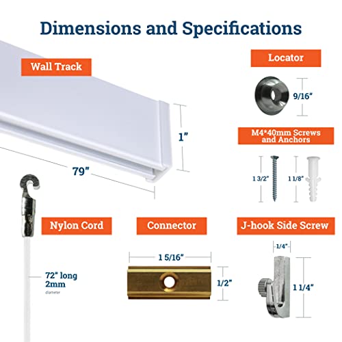 Image of Picture Rail Hanging System Covers 79 Inches | Wall Art Hanging System Includes TR100 Picture Rail Track, Nylon Cords, Artwork Hooks, and Hardware for Track - 1 Pack of Gallery Art Rail