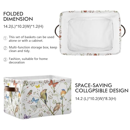 Image of Watercolor Bird Butterfly Storage Basket Bin for Shelves Closet Vintage Foldable Fabric Storage Box Cube with Handles Kids Gifts Toys Cloth Shelf Basket Organizer for Bedroom Nursery Home Decor