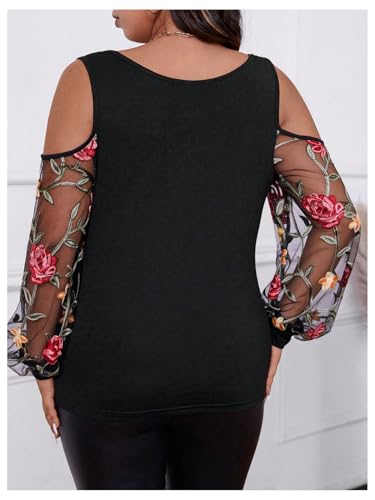 SOLY HUX Women's Plus Size Cold Shoulder Blouse Floral Mesh Long Sleeve Shirts Elegant Tops2