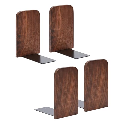 Solid Wood Bookends for Shelves - Book Organizer with Metal Base, Natural Black Walnut Office Decor for Home & Library (Set of 4)