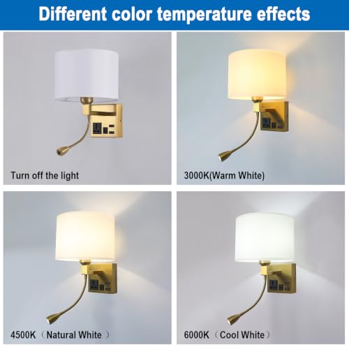 Image of Plug in Wall Sconce, Wall Lights for Bedroom with Bulb Included | Wall Mount Reading Light 360Adjustable, Adjustable Color Temperature, Bedside Lamp with AC Outlet & USBA+C Charging Port