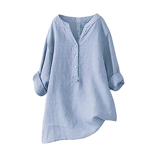 Camiseta de Lino para Mujer Verano Moda Colores Sólidos Cuello en V Blusas Mujer Tallas Grandes Camisas Mujer Manga Larga Blusa Mujer Tela de Gasa Camisa de Color Sólido