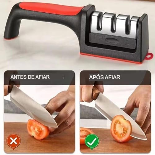 Afiador e Amolador Manual de Facas e Tesouras Profissional em 3 Estágios: Precisão, Segurança e Dura