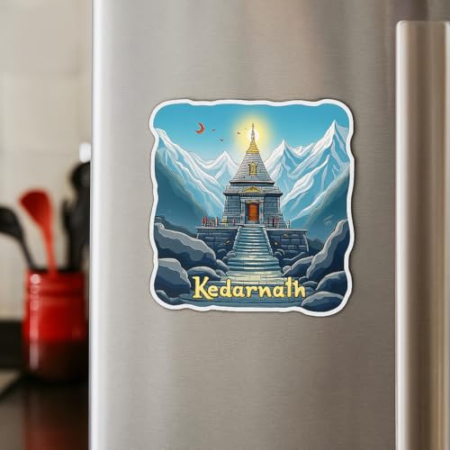 Image of Naxon Kedarnath Temple Town Theme Souvenir Wooden Fridge Magnet for Refrigerator - Printed Fridge Magnet for Kitchen & Home Decor | Perfect Souvenir Gift | Size 3x3 in | Pack of 1