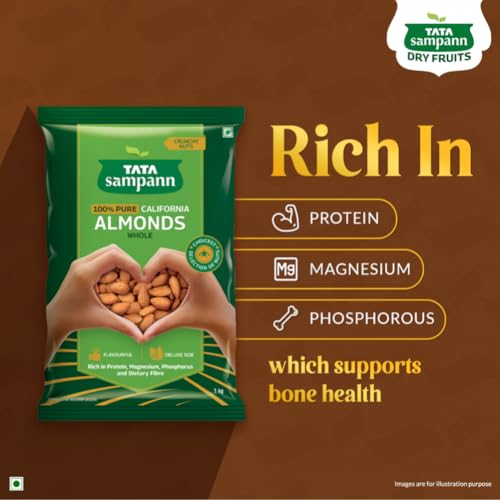 Image of Tata Sampann Pure California Almonds Whole, 1kg, Real Nuts, High In Fiber, Badam Giri, Rich In Protein, Magnesium, Phosphorus And Dietary Fibre, Nuts & Dry Fruits, Value Pack