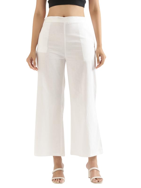 Image of SAADAA Women's Relaxed Fit Mid Rise Airy Linen Wide Leg Pants, High Waist Trousers for Formal, Casual & Office Wear