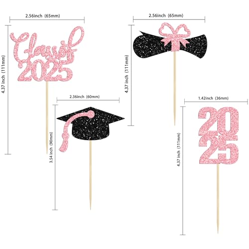 36 Pack 2025 Graduation Theme Cupcake Toppers Glitter Class of 2025 Diploma Graduation Cap Cupcake Picks 2025 Graduation Theme Party Cake Decorations Supplies Pink