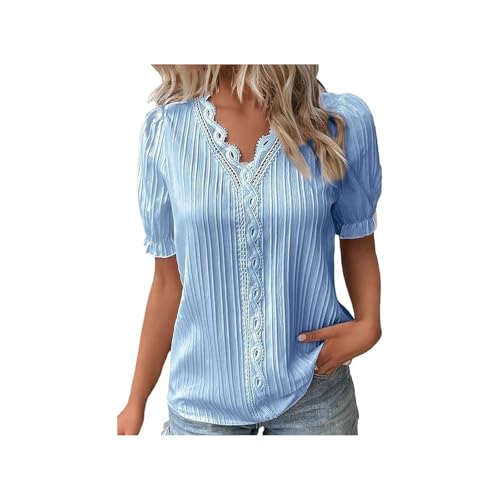 Thoughtidea Womens Shirts,New Puff Sleeve Loose Fit Hollow Blouses,V Neck Plain Lace Elegant Shirt (Blue,5XL)