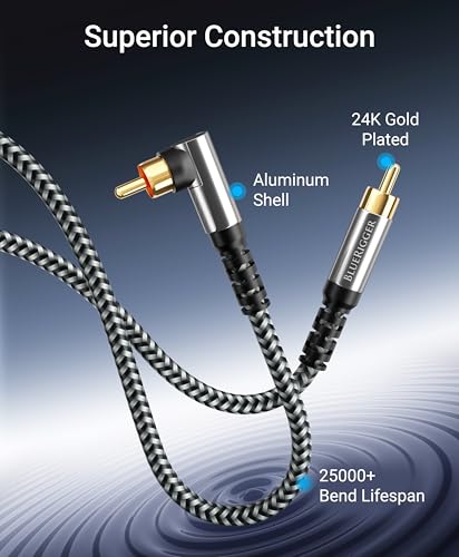 Image of BlueRigger Subwoofer Cable 90D (8FT, RCA Audio, Dual Shielded, Gold Plated, Right Angled Male RCA Connectors) - Compatible with Subwoofer, Amplifier, Home Theater
