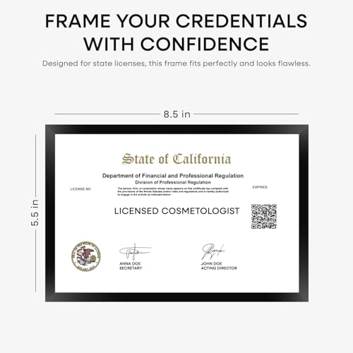 Image of Homeforia 5.5 x 8.5 Business License Frame Black, High End Metal 5.5x8.5 Certificate Frames, 8.5x5.5 Document Frames for Wall or Tabletop, 5.5 by 8.5 Picture Frames, Tempered Glass, Wall Kit, Set of 3
