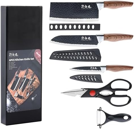 5 PCS kitchen Chef Knife Set, include 7 inch cleaver, 7 inch Santoku, 4.5 inch utility knife, Kitchen Scissors and Peeler