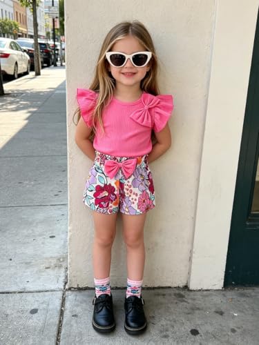Image of Azmxynol Toddler Girls Clothes Cap Sleeve T-Shirt + Bowknot Print 2pcs Summer Shorts Outfit Set For Girls, Size 4-8 Years
