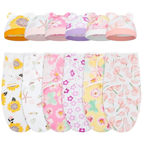 Image of Ramede 6 Pack Swaddle Blanket with Hats for Baby Girl Boy 100% Cotton Swaddles 0-3 Months, Adjustable Breathable Skin Friendly Receiving Blanket Wrap, Essential for Newborns