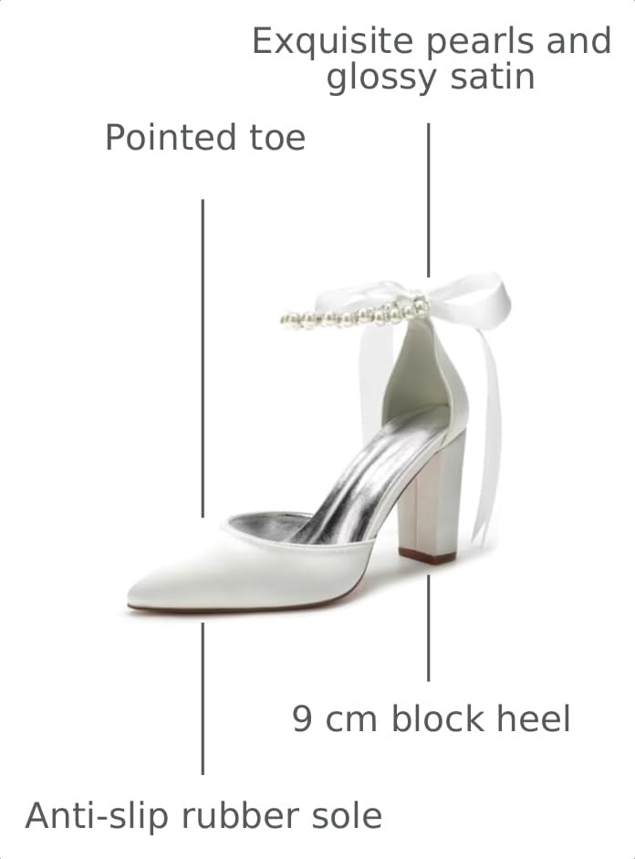 Image of Pearl Wedding Shoes for Bride Chunky Heel Poined Toe Wedding Block Heels Prom Evening Pumps