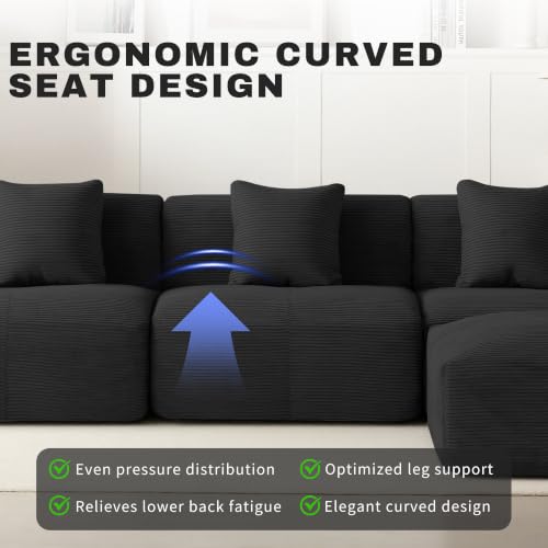 Image of 107 inch Cloud Modular Sectional Couch,Boneless Sofa with Ottman,L-Shape Upholstered Sofas with Deep Seat,Modern Cozy Corduroy Couches with Memory Foam,No Assembly Required (Black)