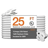 25 Feet Outdoor Extension Cord Waterproof, White Extreme All Weather 16 Gauge Extensions Cord with Covers, Flexible 100% Copper 3 Prong Extension Cord for Lawn, Garage, UL Listed