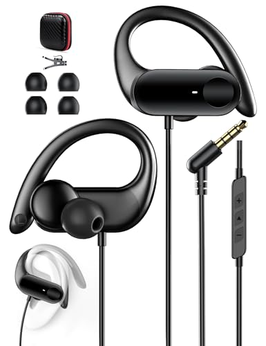AIAUXAI In Ear Kopfhörer mit Kabel mit Ohrhaken 1 5M Mikrofon & Lautstärkeregler 3 5MM Sportkopfhörer für Samsung für iPhone für iPad für MP3/4 Laptop Gaming Büro Workout Musik Reisen Radio Schwarz