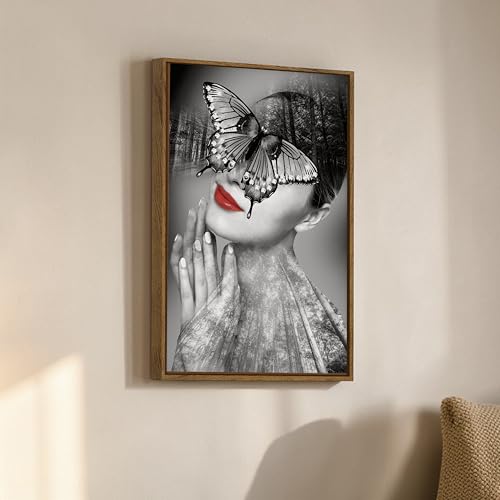 Image of Surreal Butterfly Woman Portrait Framed Canvas Painting For Living Room | Modern Nature Abstract Wall Art For Livingroom Wall Decor, Home Decor, Bedroom, Hallway's, Office, Hotel - 43x58 cm