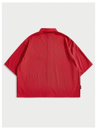 GORGLITTER Men's Striped Button Down Up Cropped T Shirt Letter Graphic Flap Short Sleeve Collar Top2