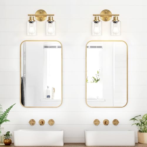 Image of 2-Light E26 Bathroom Light Fixtures, Modern Brushed Gold Vanity Lights for Bathroom with Clear Glass Shade, Mirror Kitchen Hallway Cabinet Living Room Sconces Wall Lights
