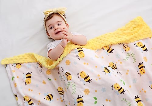 Image of Bee Minky Blanket - Soft Double Layer Plush, Toddler to Newborn, Dotted Backing, Shower Gifts (30 X 40 inches)