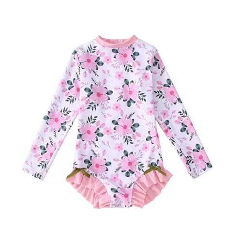Image of IZYJOY Girl Long Sleeve Swimsuits Ruffle One Piece Rash Guard Bathing Suits Kids Floral UPF 50+ Zipper Swimwear 7-12Y(150(10-11 Years), Flower-Pink)