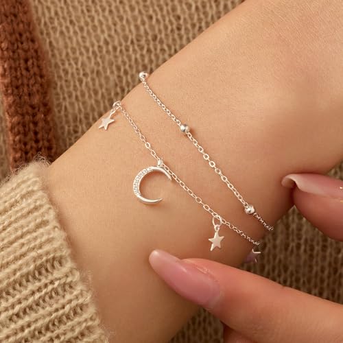 925 Sterling Silver Dainty Moon Star Link Bracelet for Women Sparkling Cubic Zirconia Layer Charm Bracelet Hypoallergenic Adjustable Chain Trendy Personalized Jewelry for Mom Daughter Wife Teacher Christmas Wedding Jewerly Gift3