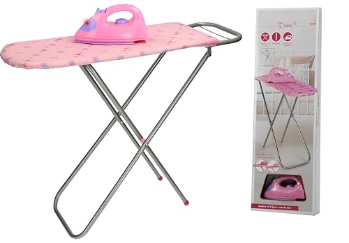 Tabla de planchar de juguete con plancha con luces, eje plegable con estructura de metal, tablero de madera revestido, juego de planchado, accesorios de tabla de planchar de lujo, juego con plancha (A