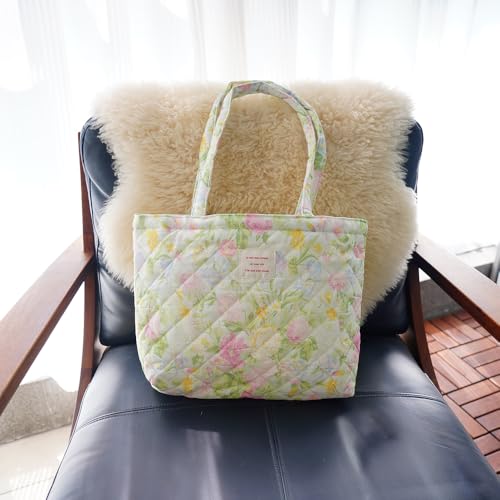 Image of Floral Quilted Cotton Shoulder Bag for Women Daily Use Medium Size Handbag Large Capacity Thickened Design Tote
