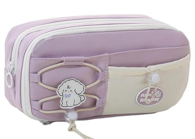 Image of Alokik Dog Purple Pencil Pouch for Girls, Large Capacity Cute Puppy Zipper Pencil Case with Front Pocket & Pin, Aesthetic Multi-Compartment Stationery Organizer for School (Dog - Purple)