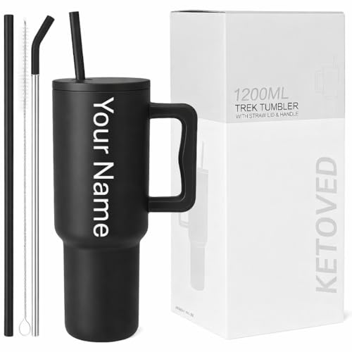 KETOVED Personalised with Your Name, 1200ml Tumbler with Straw-Handle–Stainless Steel Double Wall Insulated Cup | Leakproof Sipper Mug for Hot-Cold Drinks |Coffee - WaterTumbler (Black castom)