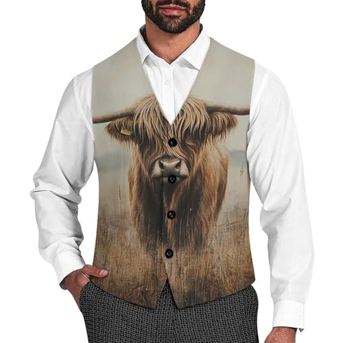 Highland Cow Print Men's Suit Vest Slim Fit V-Ncek Waistcoat Business Casual Vest