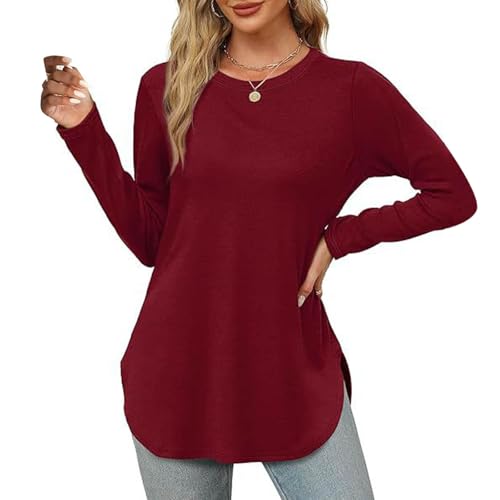 Masbird Blusas femininas modernas de manga comprida e gola redonda, estilo túnica básica, folgada, c