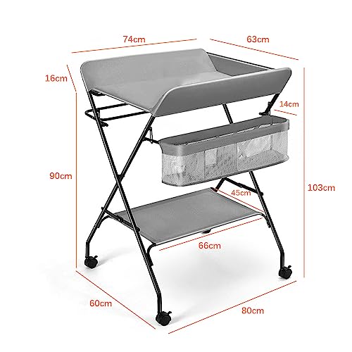 Occuwzz Baby Changing Table, Infant Diaper Changing Station with Wheels, Foldable Nursery Changing Table Bath Mat and Storage, Adjustable Height Newborn Massage Tables Diaper Organizer (Grey)
