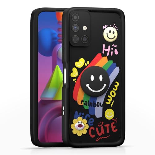 Image of Pikkme Back Cover for Samsung Galaxy M51 | Soft Silicone| Cute Rainbow Smile & 3D Cartoon Flower Design | Shockproof Raised Camera Protection Bumper Case (Black)